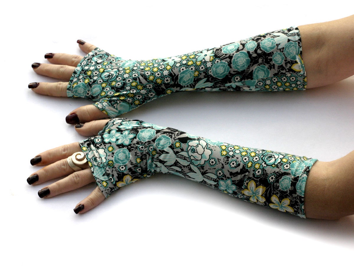 Flowers Garden - Blue and Black Fingerless gloves , Floral Soft Cotton - Yoga Gothic Belly Dance Fusion Light Goth Cycling