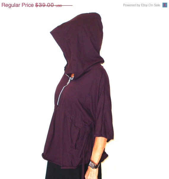 30% OFF SALE Zip Front Caplet Style Jacket Poncho with Hood in Burgundy