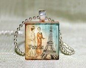 Scrabble Jewelry - Necklace - Scrabble Pendant - Paris French Vintage Eiffel Tower 2 Ladies - Art Charm - 17" Chain Handmade