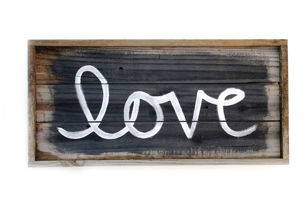 Love Sign, Wedding, Romance, White, Charcoal, Black, Distressed Wood Sign--27" x 13"