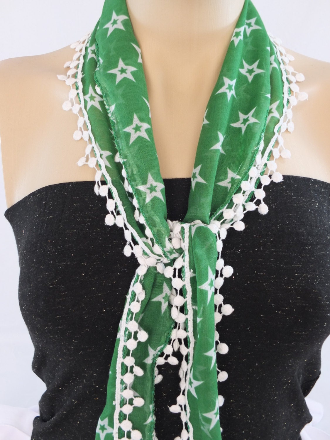 Green cotton scarf,cotton necktie, lace trim scarf, pompom trim scarf,gift for her,mothers day