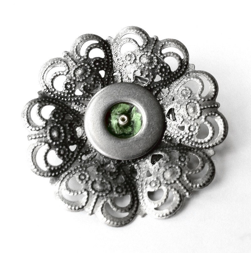Silver Flower Pin, Metal Flower Brooch, Goth Accessories, Silver and Green, Victorian Filigree Pin