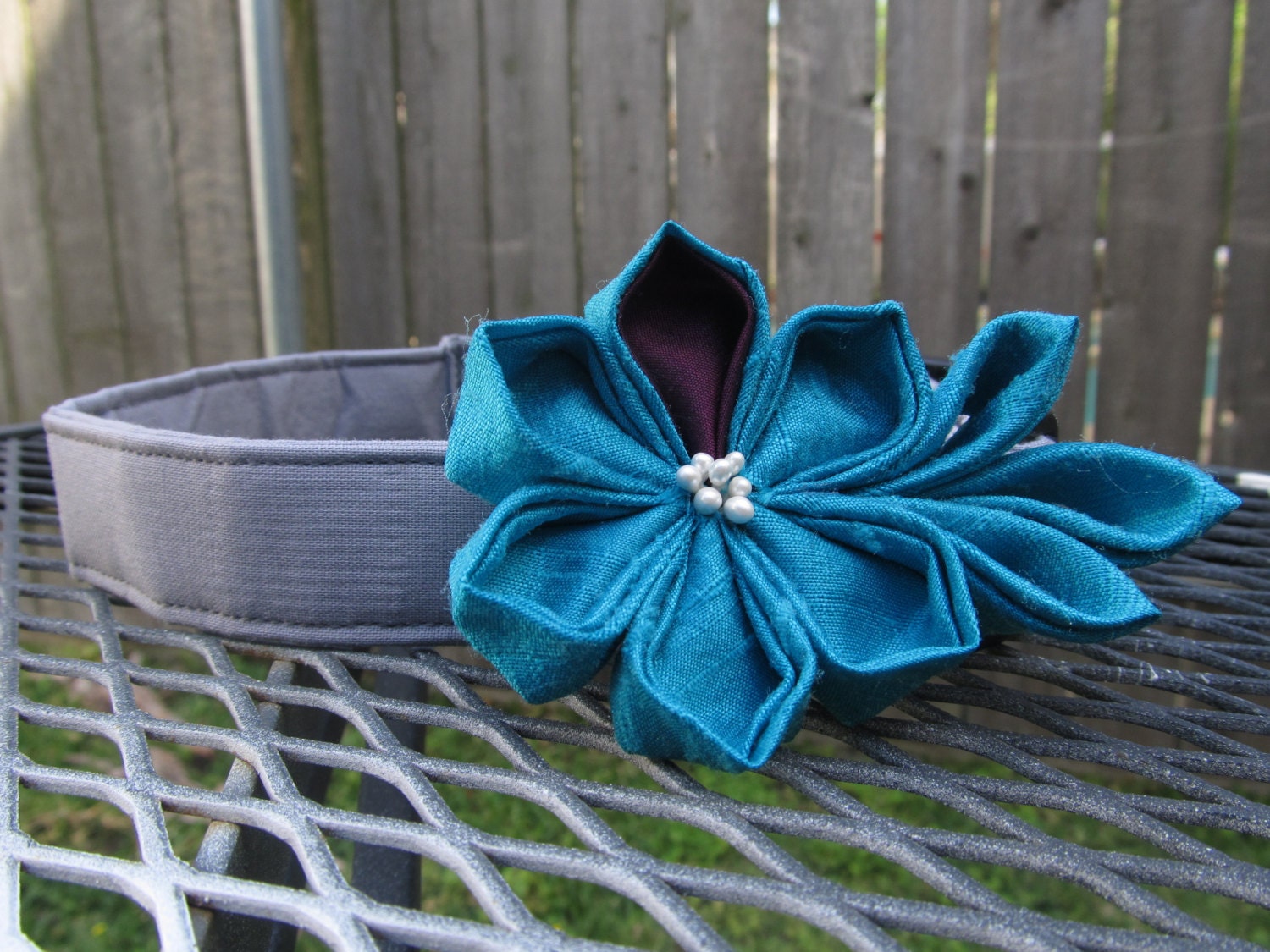 Dog Collar and Flower - READY TO SHIP Blue and Purple Kanzashi Flower on Grey Dog Collar - Yelow Wedding Collar, Grey wedding dog collar