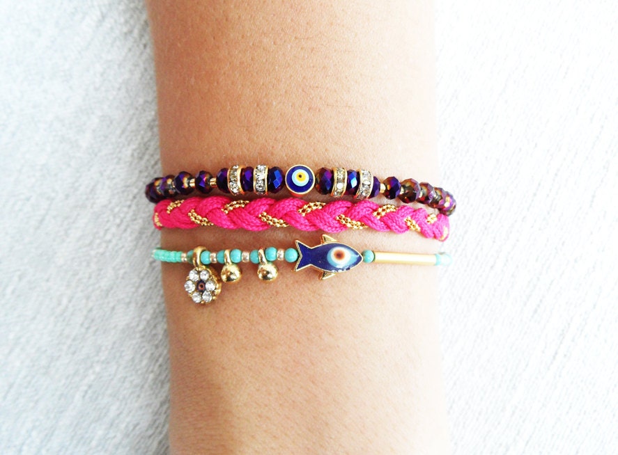 Evil eye bracelet purple pink turquoise fish ethnic ottoman arabic islamic turkish bracelet jewelry best friend birthday women istanbul