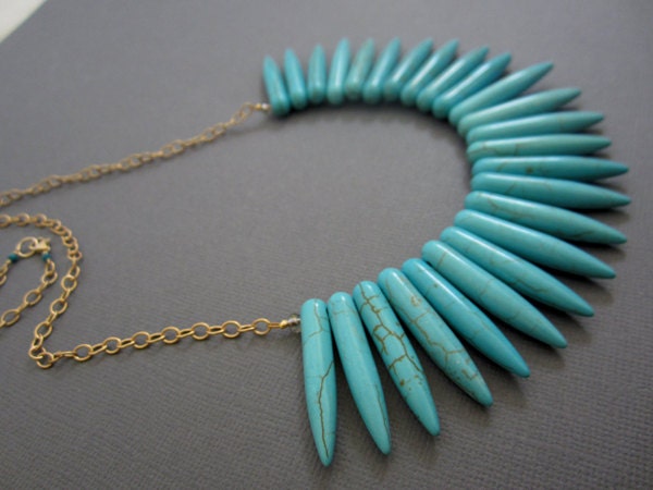 Neon Yellow Necklace , large necklace, bib necklace, Turquoise necklace, Howlite spear necklace.