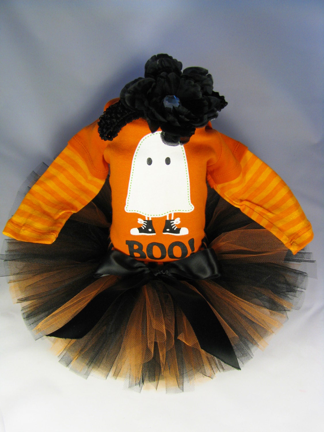 Babys First Halloween Outfit  " Boo Ghost " - Girls Halloween Tutu Bodysuit and Headband Set - Size 12 Months
