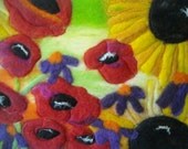 felted picture, sunflowers and poppies, wet felted art