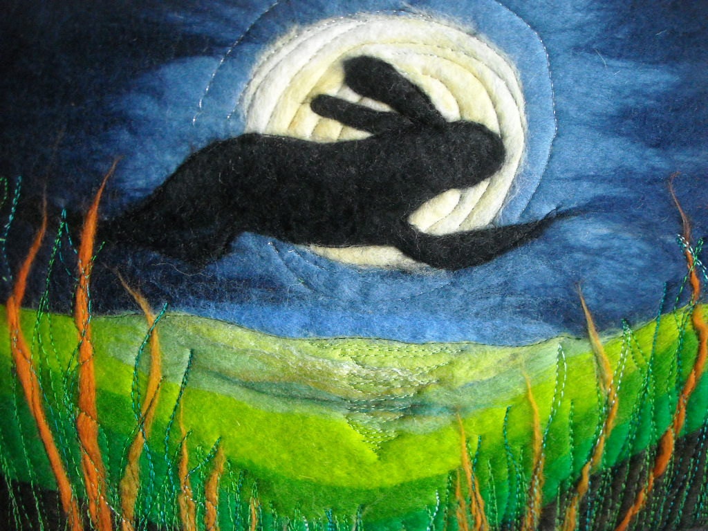leaping hare, hare and moon, felt  art