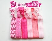 New 6 pcs Elastic Hair Tie - Pink Set - Chevron, Polka Dots, Hot Pink, Candy Pink, Bubble Gum Pink and Baby Pink - Toddler to Adult
