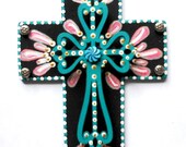OOAK hand painted embellished found object folk art wood cross