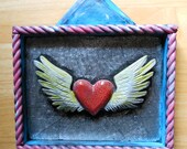 OOAK hand painted found objectwood aluminum heart with wings RETABLO