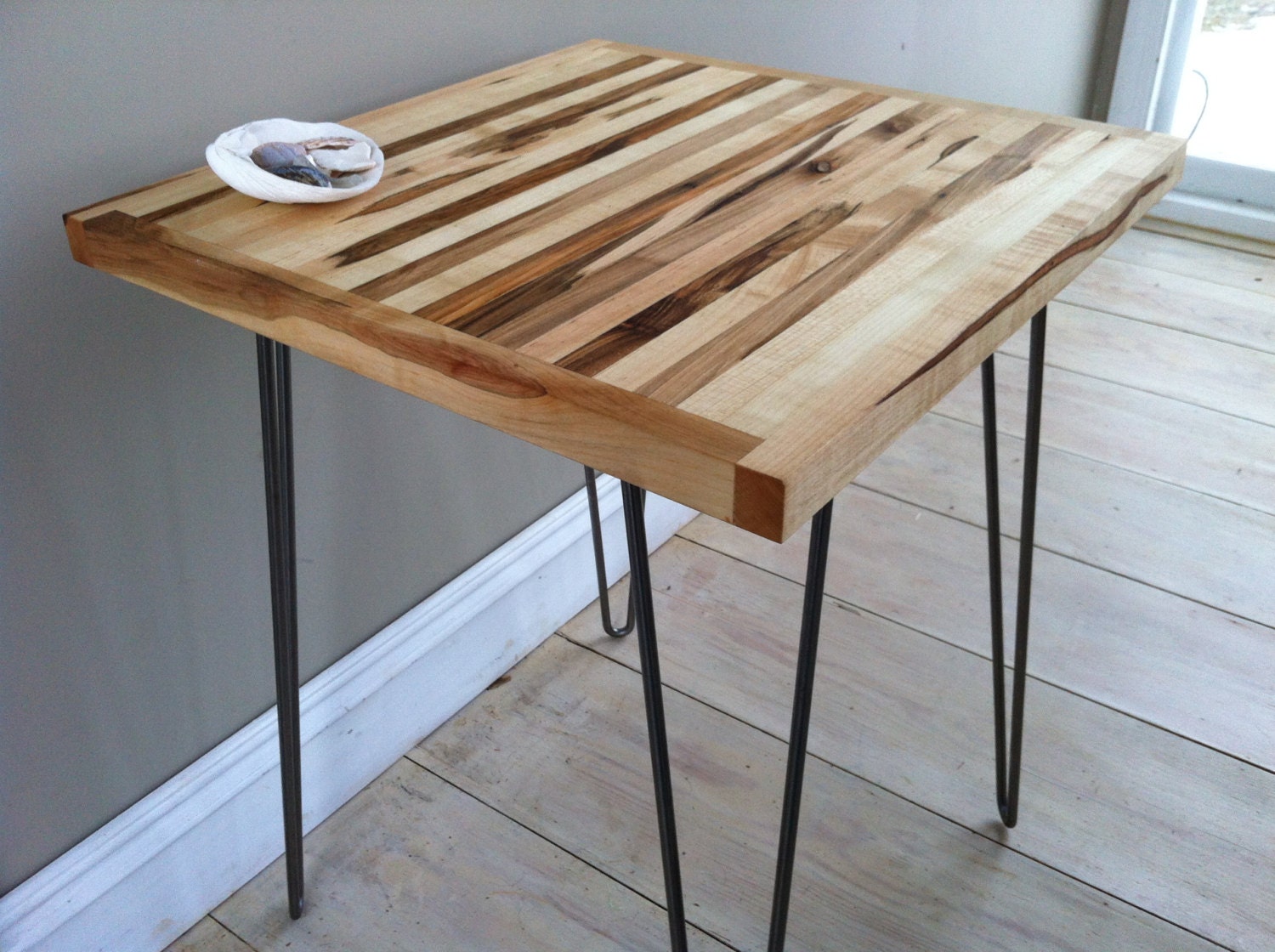 Mid century modern side table, end table or nightstand/bedside table featuring wormy maple top and hairpin legs