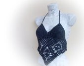 Dark Gray Crochet Skull Halter Top-Tank top open back- summer-knit top summer-Crochet Hippie Fringe Halter Top-Grey crochet skull top