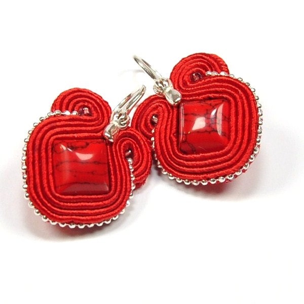Soutache Earrings with Red Coral. Hand Embroidered Soutache Earrings. Red Earrings. Red and Black. Soutache Jewelry.