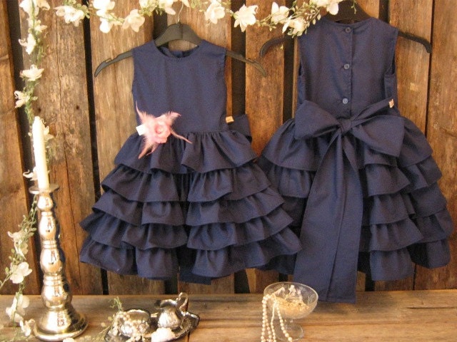 Girls navy blue ruffle dress. Flower girls dress. Beach wedding, childrens clothing
