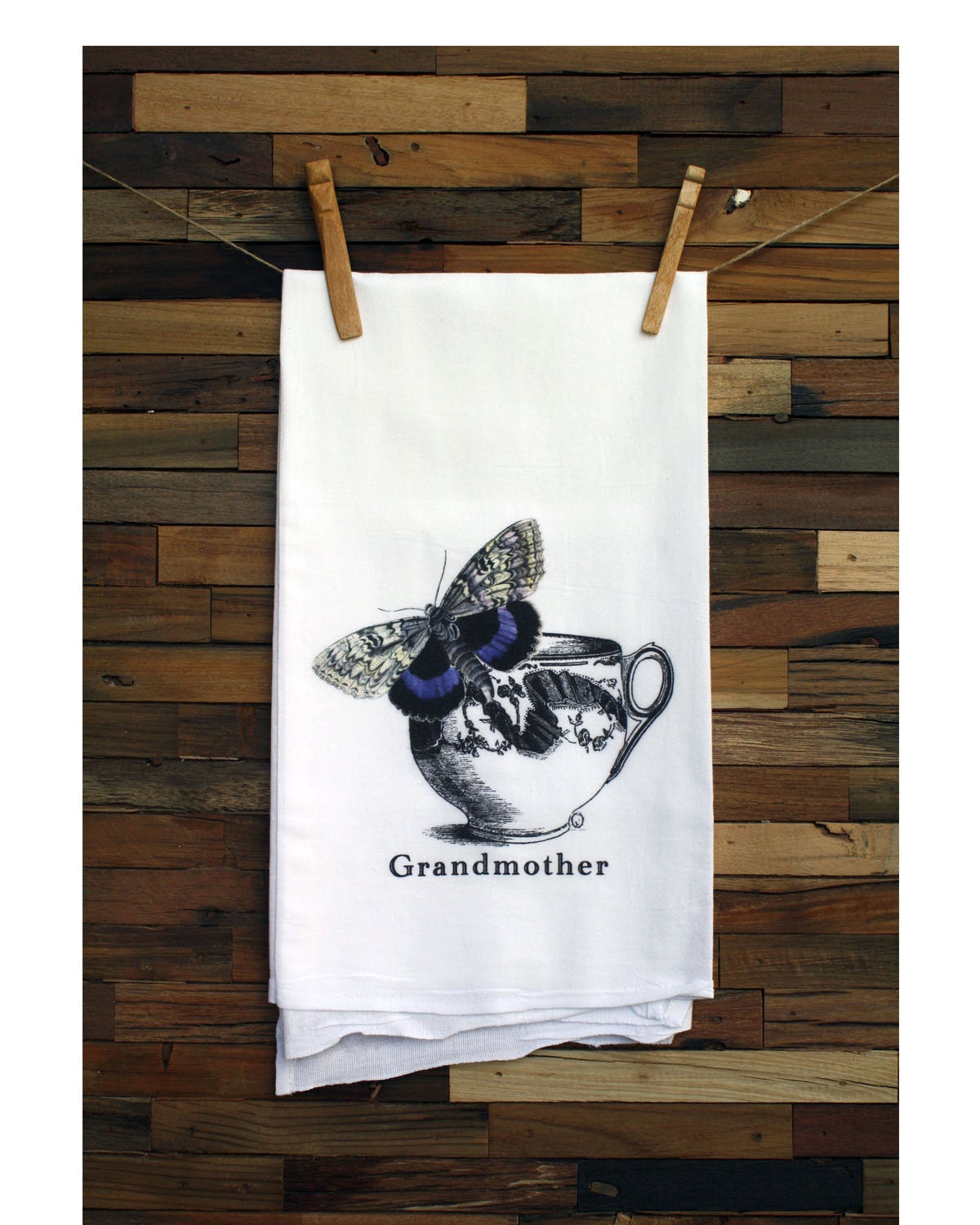 100% Cotton Flour Sack Chef's Kitchen Dish Towel Vintage Purple Moth on Teacup Great Hostess Gift