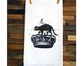 100% Cotton Flour Sack Chef's Kitchen Dish Towel Woodland Raccoon on Vintage Crown Great Hostess Gift