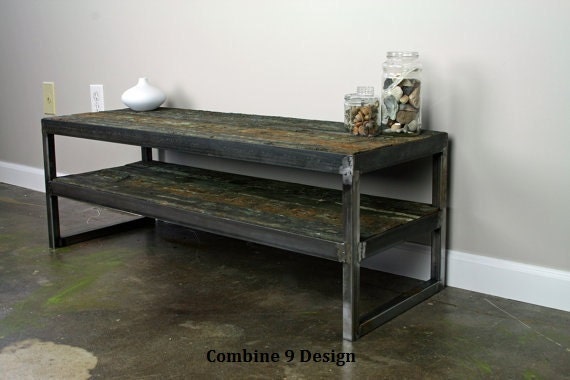 Vintage Industrial TV Stand. Reclaimed wood & Steel. Vintage wood from tsunami-destroyed barge. Minimalist,urban, design. A nice TV console.