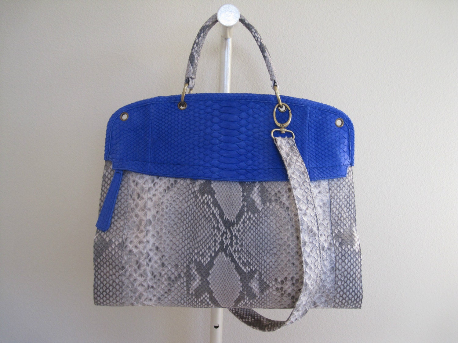 Marysol Genuine Python Snakeskin Leather Satchel Messenger Crossbody Bag Purse Handbag in Electric Blue Natural White Gray Combo