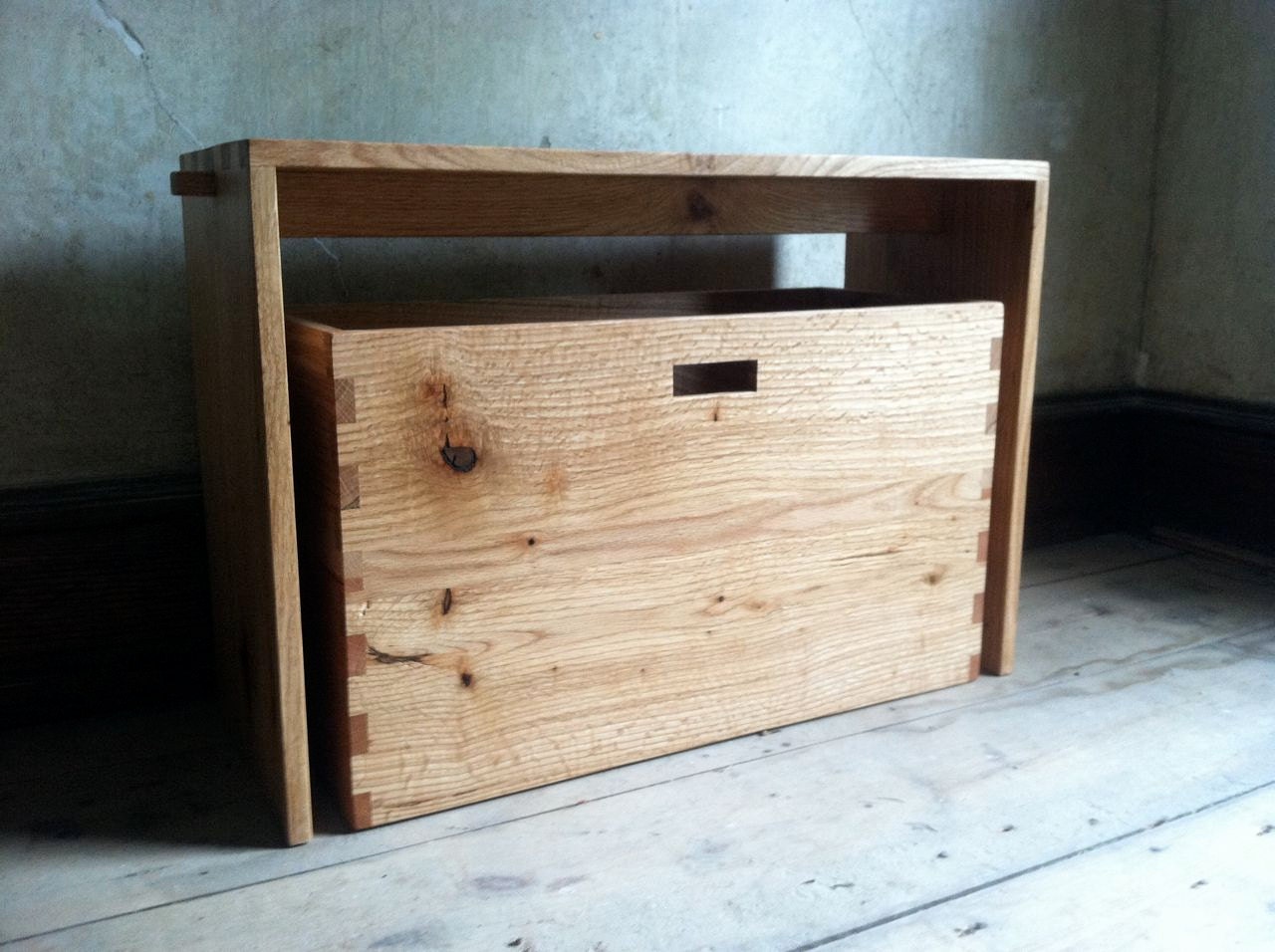 reclaimed oak bench with nesting crate - DzierlengaFurniture