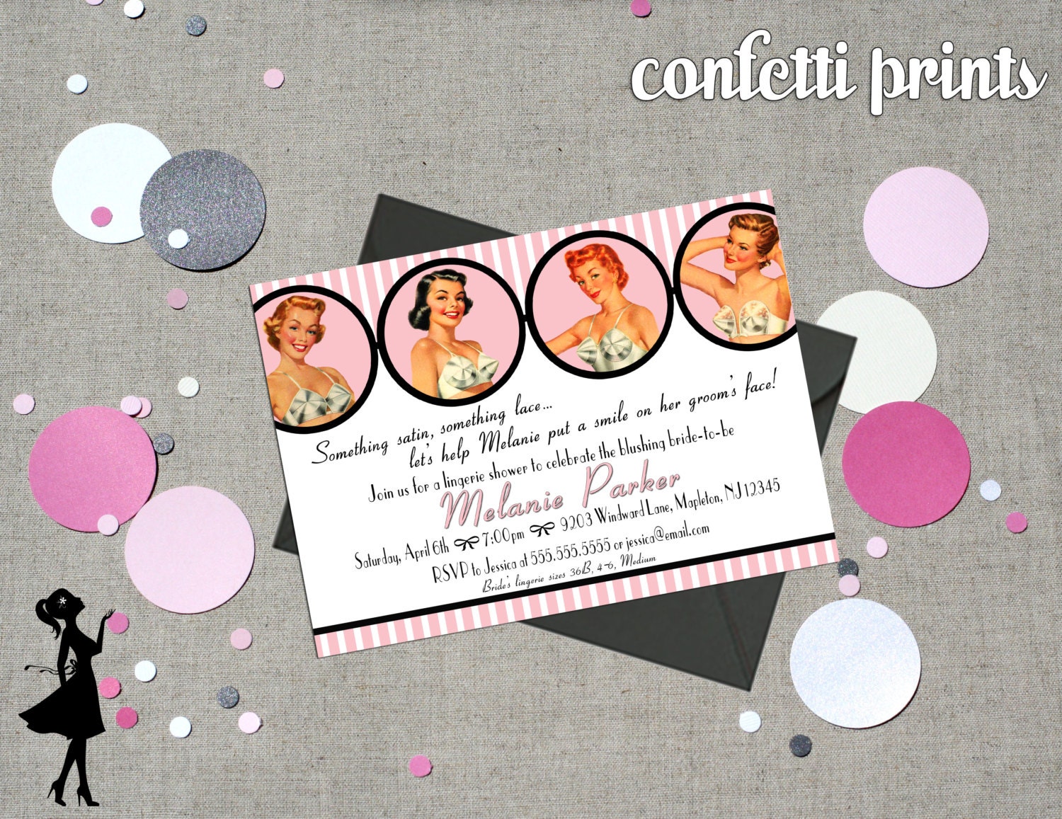 Retro Bridal Shower / Lingerie Shower Invitation - SATIN AND LACE Printable Il_570xn
