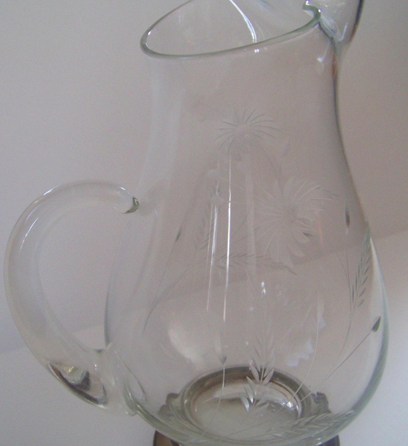 Vintage Etched Glass Glass Pitcher with Sterling Silver Base, Retro Glass Pitcher, Etched Glass, Antique Glass Pitcher, Home Decor, Flowers