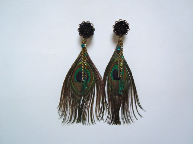Peacock Feather Dangle Plugs for stretched ears 9/16g (14mm) and 5/8g (16mm) Fabulous Earrings and Pretty Plugs by Gauge Queen on Etsy
