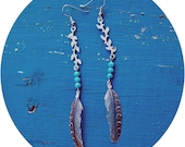 Feather & Vine Earrings - Turquoise - Silver - Tiny Quail Feather
