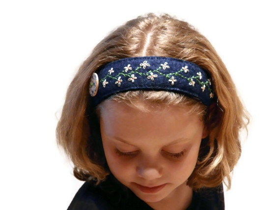 Felt headband Hand embroidered blue wool with flowers and button