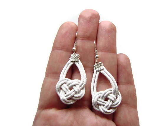 White Earrings, Knot Earrings, Nautical Earrings, Sailor Knot Earrings, Cord Rope Earrings, Dangle Earrings, Statement Jewellery