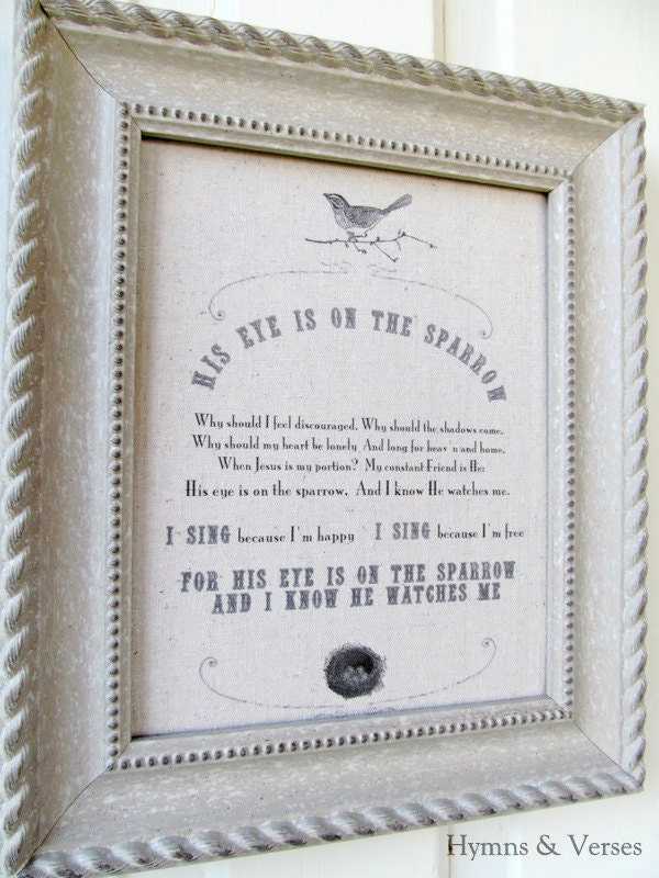 His Eye is on the Sparrow Original Hymn Print  on Fabric - 8 x 10" - PRINT ONLY
