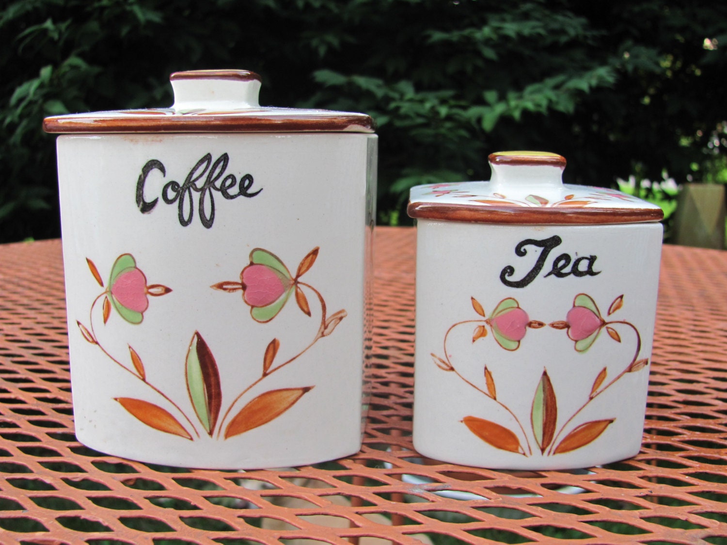 Handpainted Flowers Floral Ceramic Coffee Tea Canisters