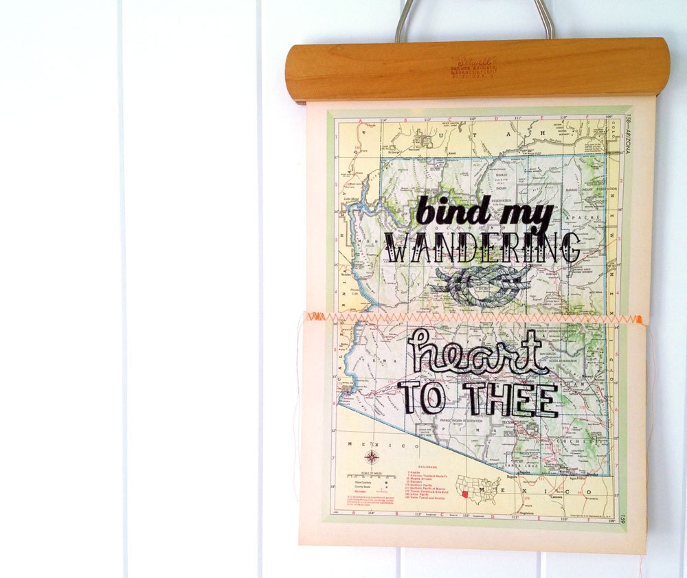 bind my heart....vintage map atlas art print SEWN stitched pages one of a kind ARIZONA