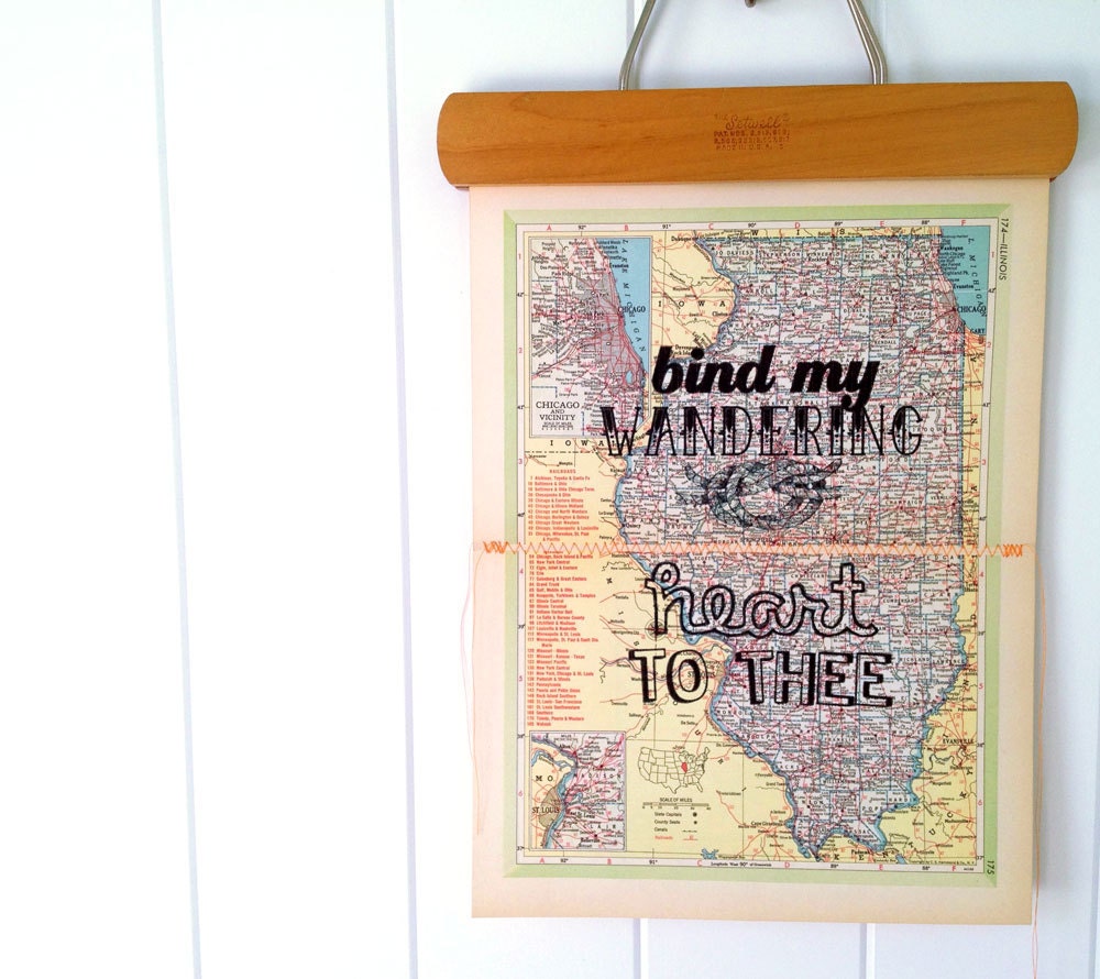 bind my heart....vintage map atlas art print SEWN stitched pages one of a kind ILLINOIS