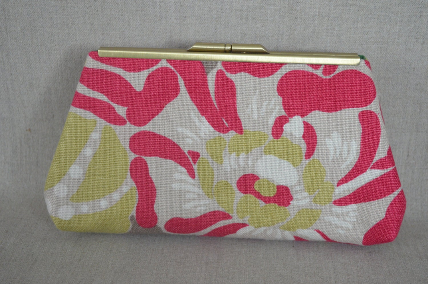 Medium Clutch Purse - Modern Stylized Floral Linen Print in Pink, Green, Beige, and Ivory with Antique Gold Frame.