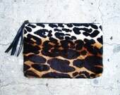 Gradient Leopard Print Calf Hair Zipper Pouch Leather Clutch