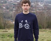 Mens Sweater, Organic cotton, Birds taking a ride on their bike. Hand screen printed with eco friendly inks. Navy