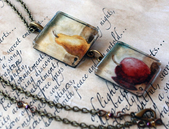 Pear & Apple Watercolor Art Pendant Necklace