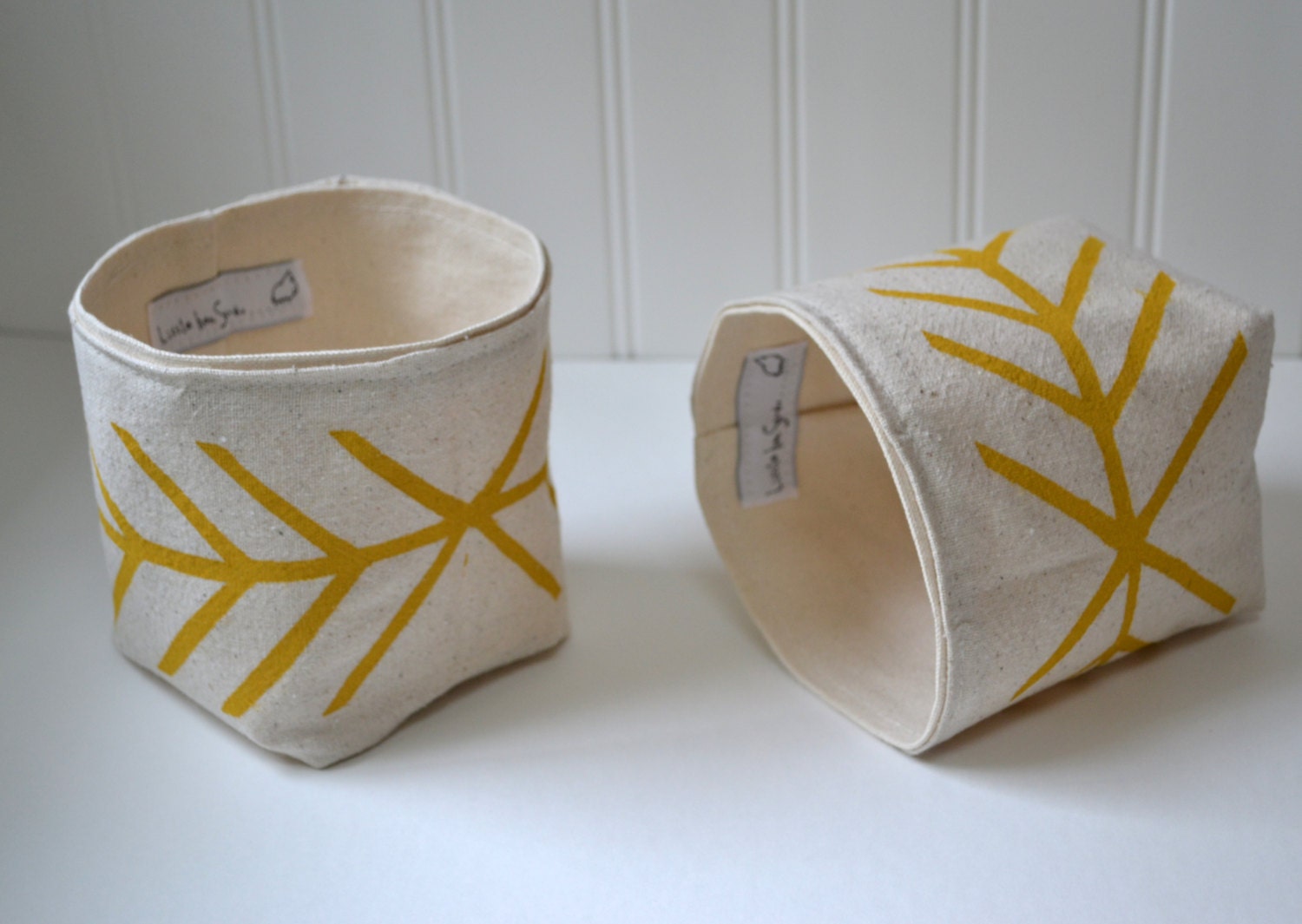 Hand Printed Canvas Storage Baskets - In Our Arrow Pattern in Mustard Yellow on Natural Cotton - Set of 2 - Gift Basket
