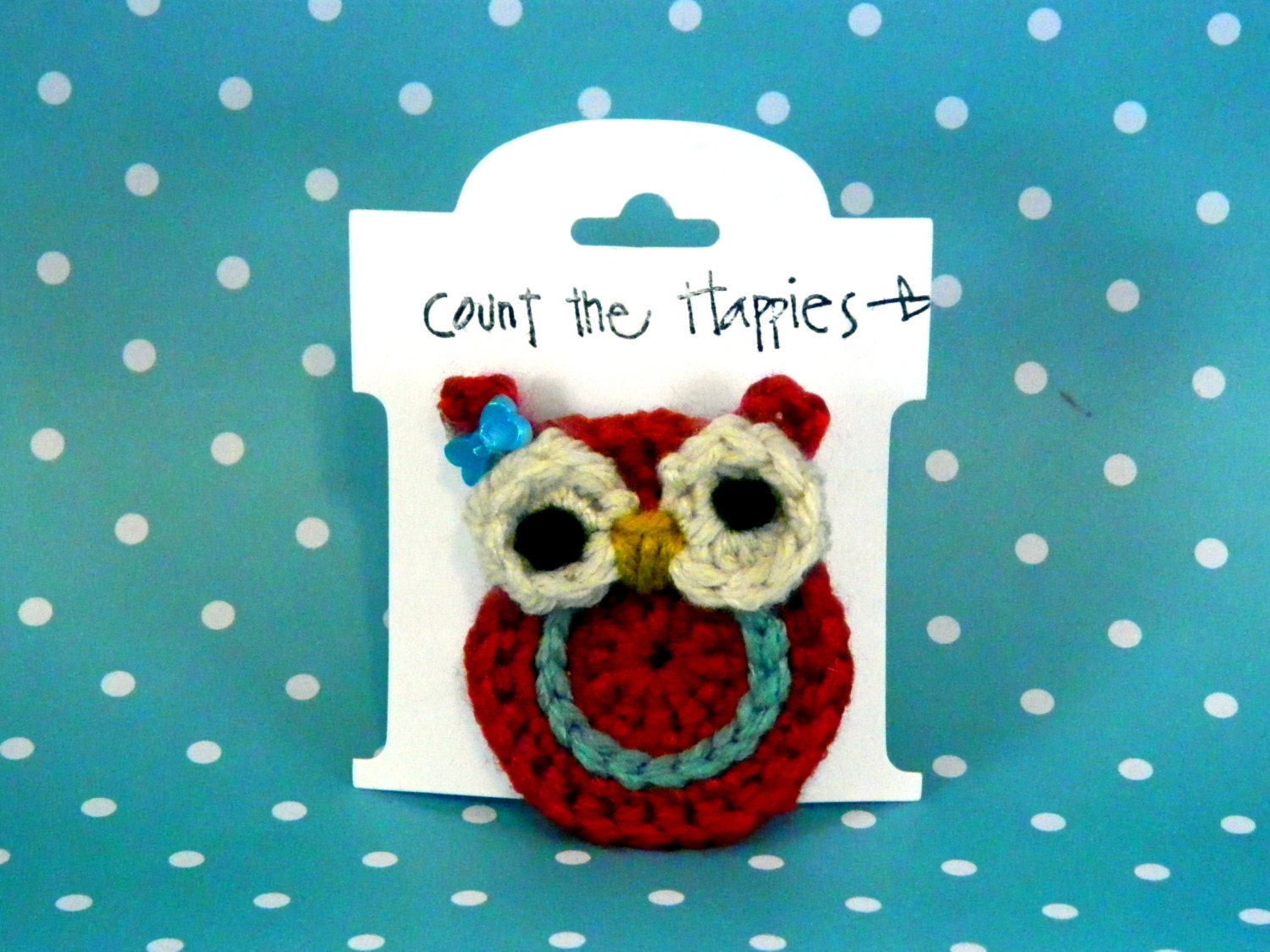 Girls Hair Clip: Crochet Owl in Red and Aqua
