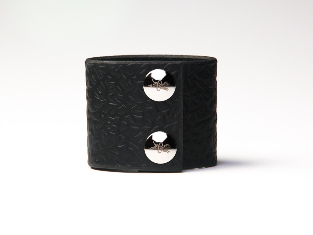 Leather Cuff  - Black Latigo - Embossed with Thorns - Nickel Fasteners - 2 Inches Wide