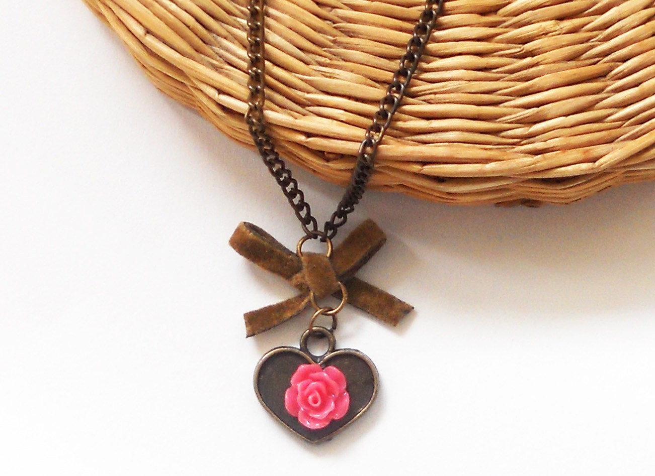 Necklace with metal heart pendant pink cabochon flower brown valentine jewelry vintage gift for her best friend birthday romantic