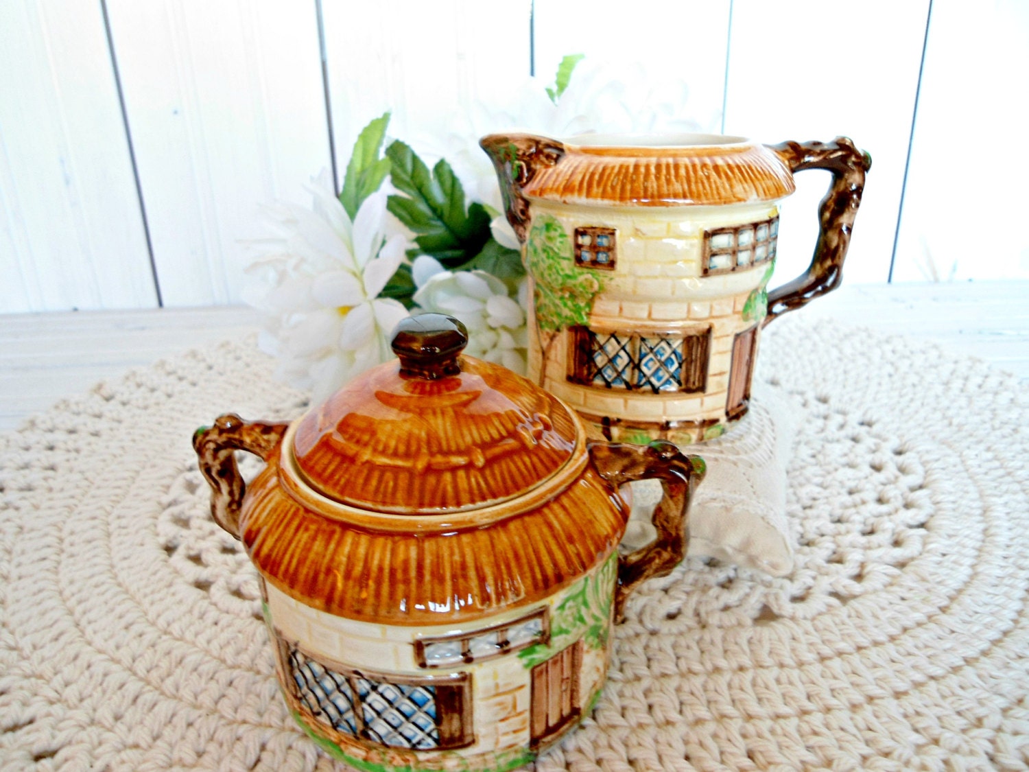 Vintage Beswick Ware Cottage Creamer and Sugar Bowl - Country Creamer and Sugar Bowl Set
