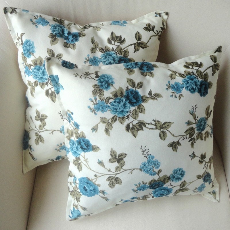Blue Floral Sofa Pillow Cover 16x16 inch. Decorative Throw Pillow Cover Couch Cushion Cover