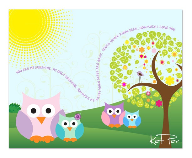 Owls, You Are My Sunshine, Walk In The Park with the Owl Family, 10x8" Baby Nursery wall art, Art Decor, Children wall art, Nursery Print