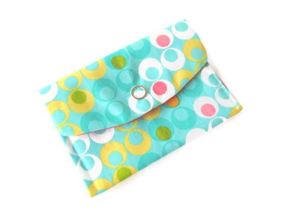 Womens card wallet, girls business card wallets, retro mod gift card holder, small coin purse, burgundy yellow teal white