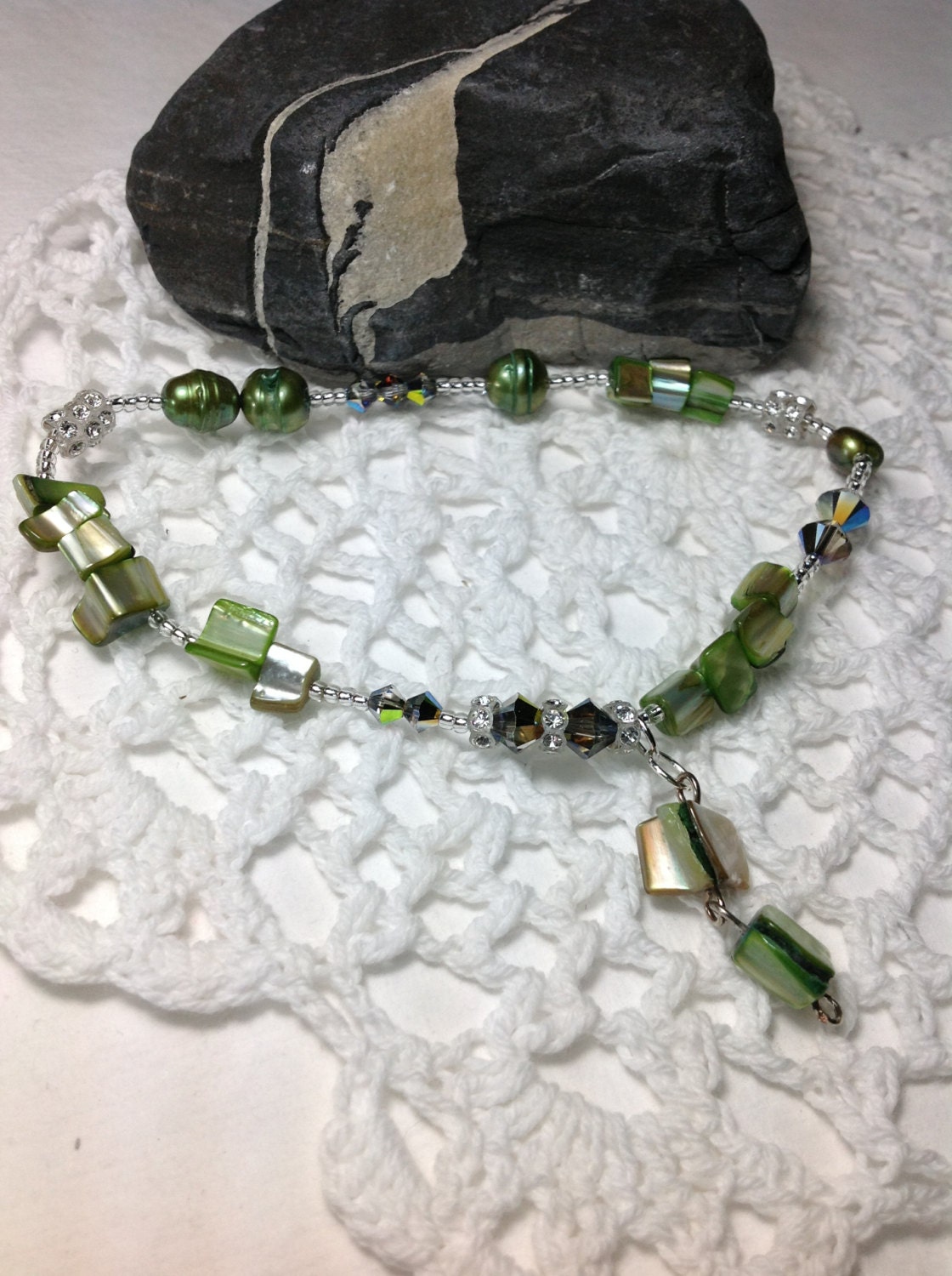 Swarovski Crystal Anklet With Freshwater Pearls Mother of Pearl Shells And Crystal Rondelles