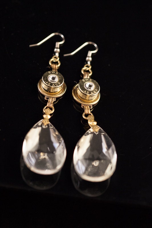 Bullet Ammo 45mm Dangle Chandelier Earrings-Made from actual Chandelier crystals-"Chandlier Shootout"  Free US and Canada Shipping