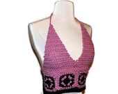 ON SALE Granny Square Halter Top Crochet Retro Organic Cotton Faded Pink Black Spring Fashion