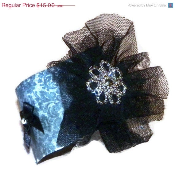 ON SALE Bracelet Cuff Vintage Style Upcycled from Vinyl Record and Lace Blue Black Gothic Eco Friendly